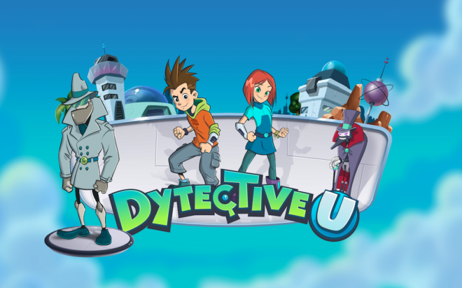 La imagen muestra tres personajes animados y un robot sobre un fondo futurista con torres. El texto estilizado «Dytective U» ocupa un lugar destacado.