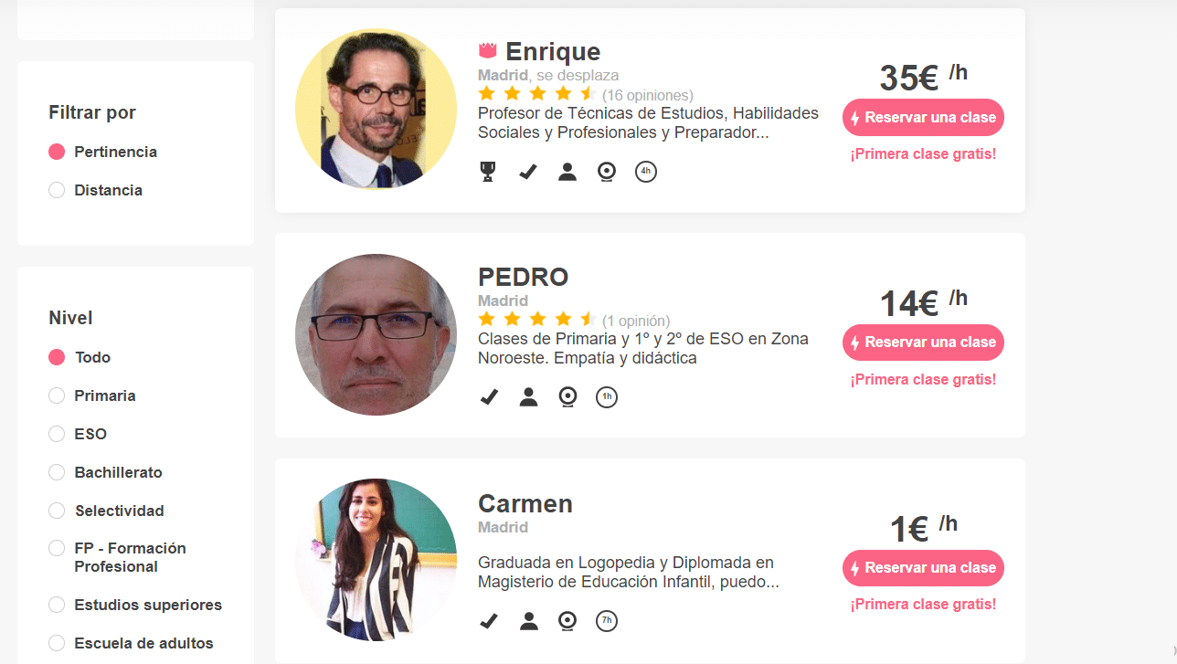 Sitios web de clases particulares