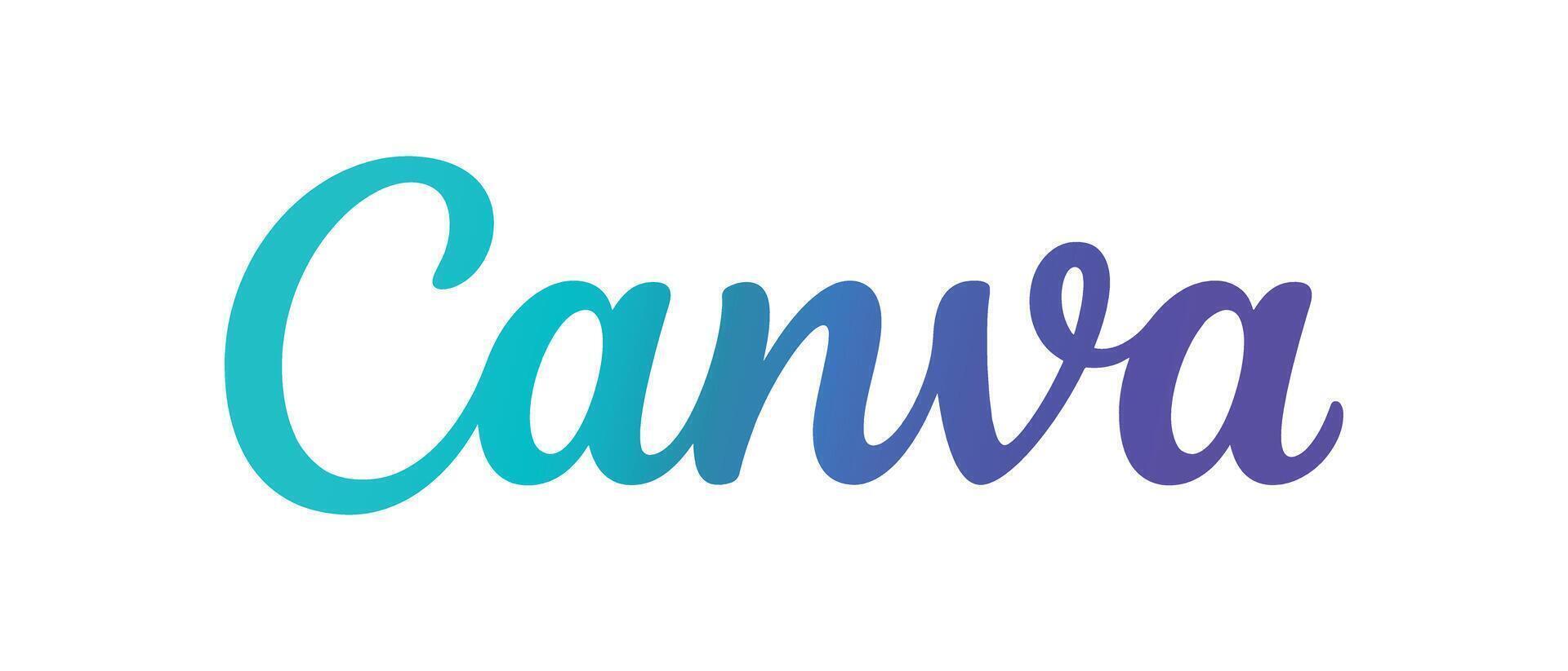 La imagen muestra el logotipo de Canva con el texto «Canva» en un degradado de azul a morado, con una fuente cursiva suave que transmite creatividad y modernidad.