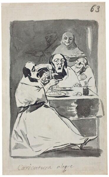 Un dibujo satírico muestra a cuatro personajes alrededor de una mesa, con un aspecto exagerado y humorístico. Sus expresiones están enfatizadas, lo que crea un tono animado y cómico.