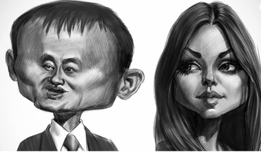Caricatura en blanco y negro de un hombre y una mujer. El hombre tiene la frente y las orejas exageradas, mientras que la mujer tiene los ojos grandes y el pelo largo. El tono es divertido.