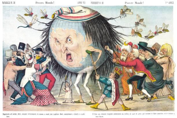 Un mundo con rostro humano, ojos grandes y expresión angustiada es transportado por personas disfrazadas y rodeado de insectos, transmitiendo caos y urgencia.