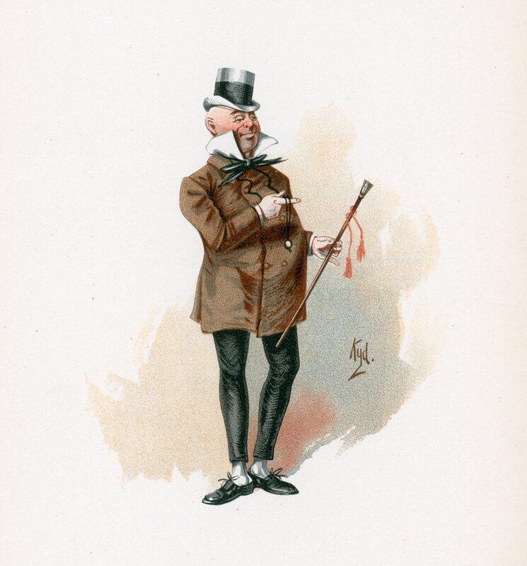 Caricatura de un hombre calvo con abrigo marrón, sombrero de copa y zapatos negros, sosteniendo un bastón con cintas. Sonríe con aire burlón mientras se mantiene de pie con confianza.