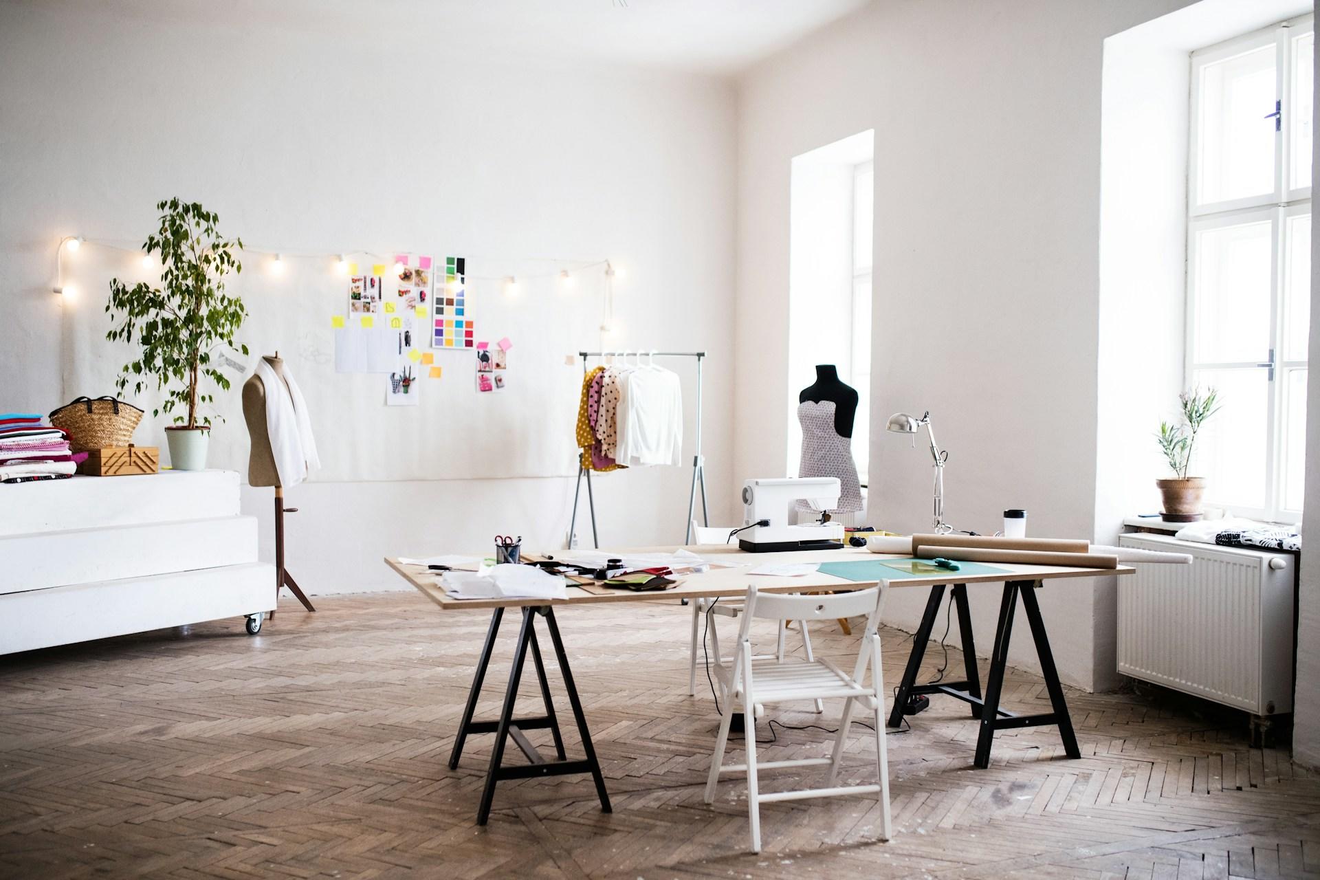 Luminoso y espacioso estudio de moda con materiales de diseño, maniquí y máquina de coser.
