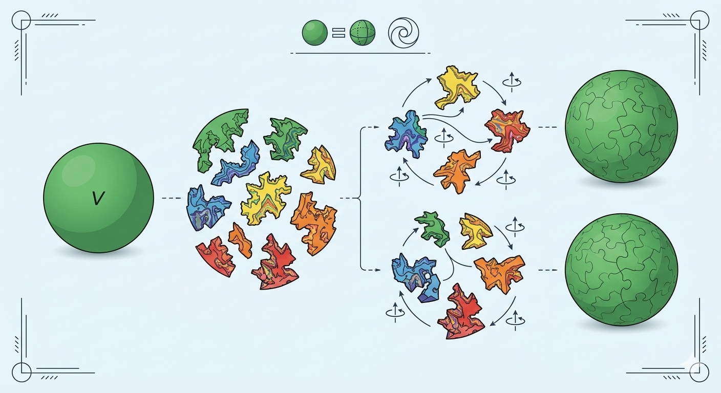 Diagrama en el que se muestra una esfera verde descompuesta en piezas de rompecabezas de colores, que se giran y se vuelven a ensamblar para formar dos rompecabezas esféricos verdes.
