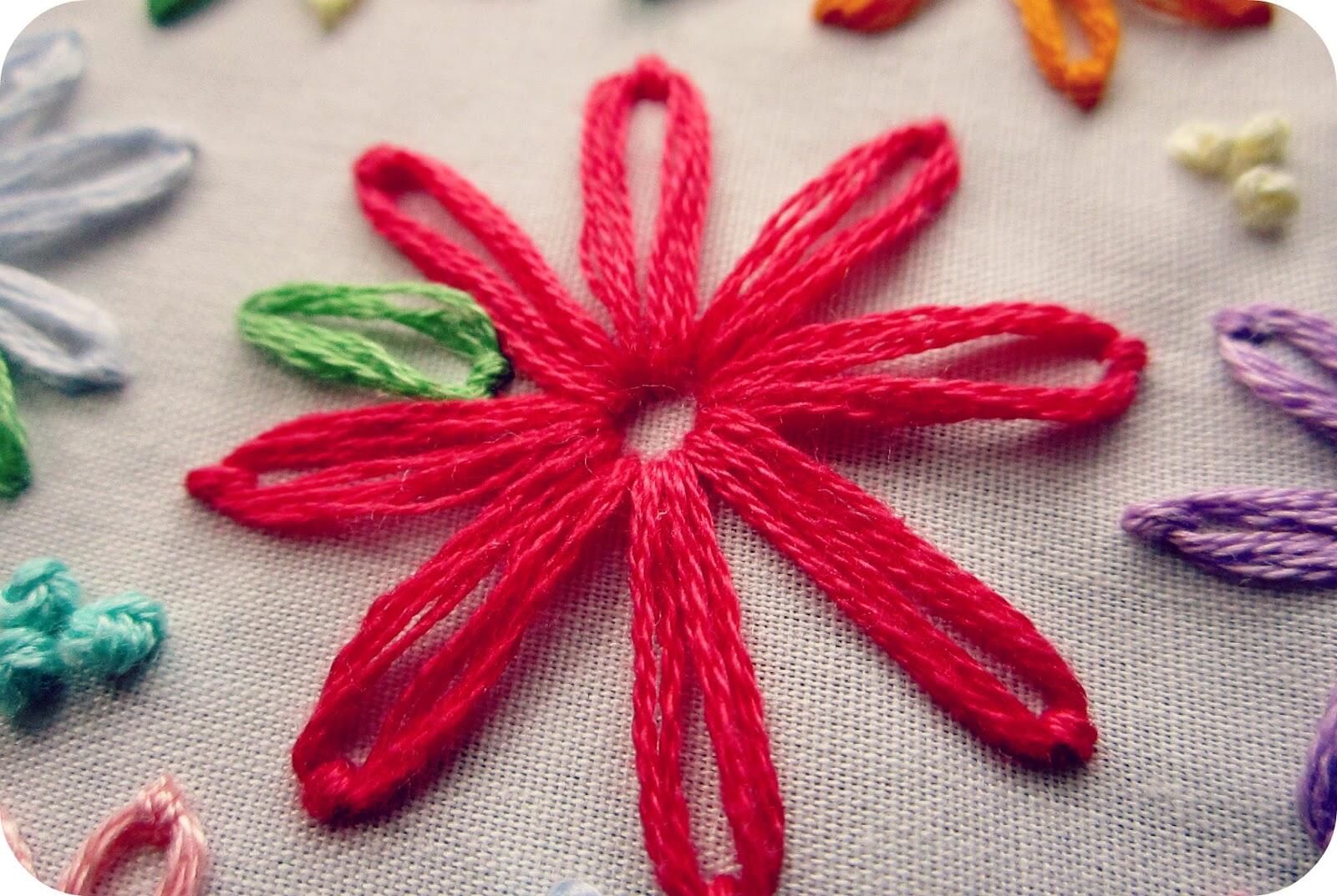 Un primer plano de una flor bordada de color rojo vibrante rodeada de costuras coloridas sobre un fondo de tela clara.