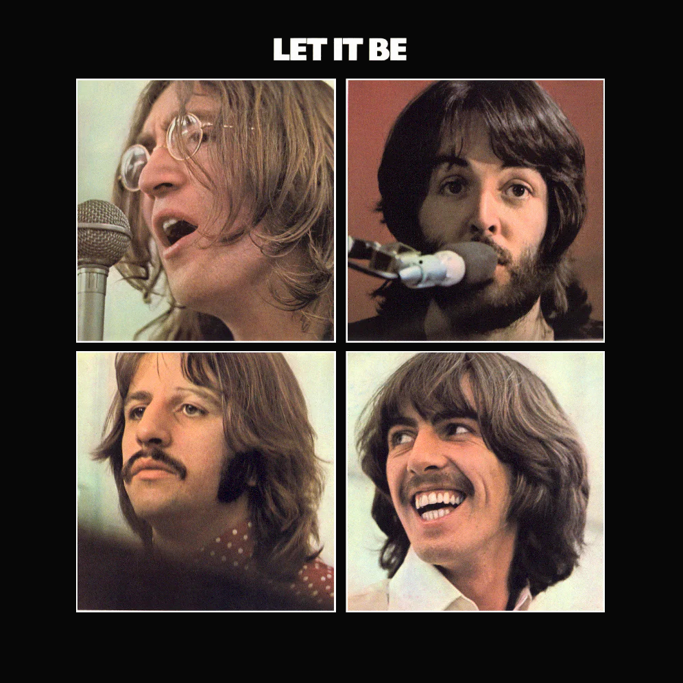 Cuatro retratos en primer plano de músicos sobre un fondo negro con el texto «Let It Be» en la parte superior. Cada músico parece estar tocando o mostrarse relajado.
