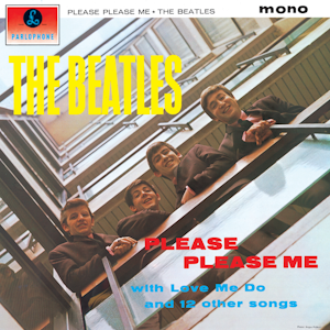 La portada del álbum «Please Please Me» de The Beatles muestra al grupo asomado a la barandilla de una escalera, sonriendo hacia arriba. En letras amarillas en negrita se lee «The Beatles».