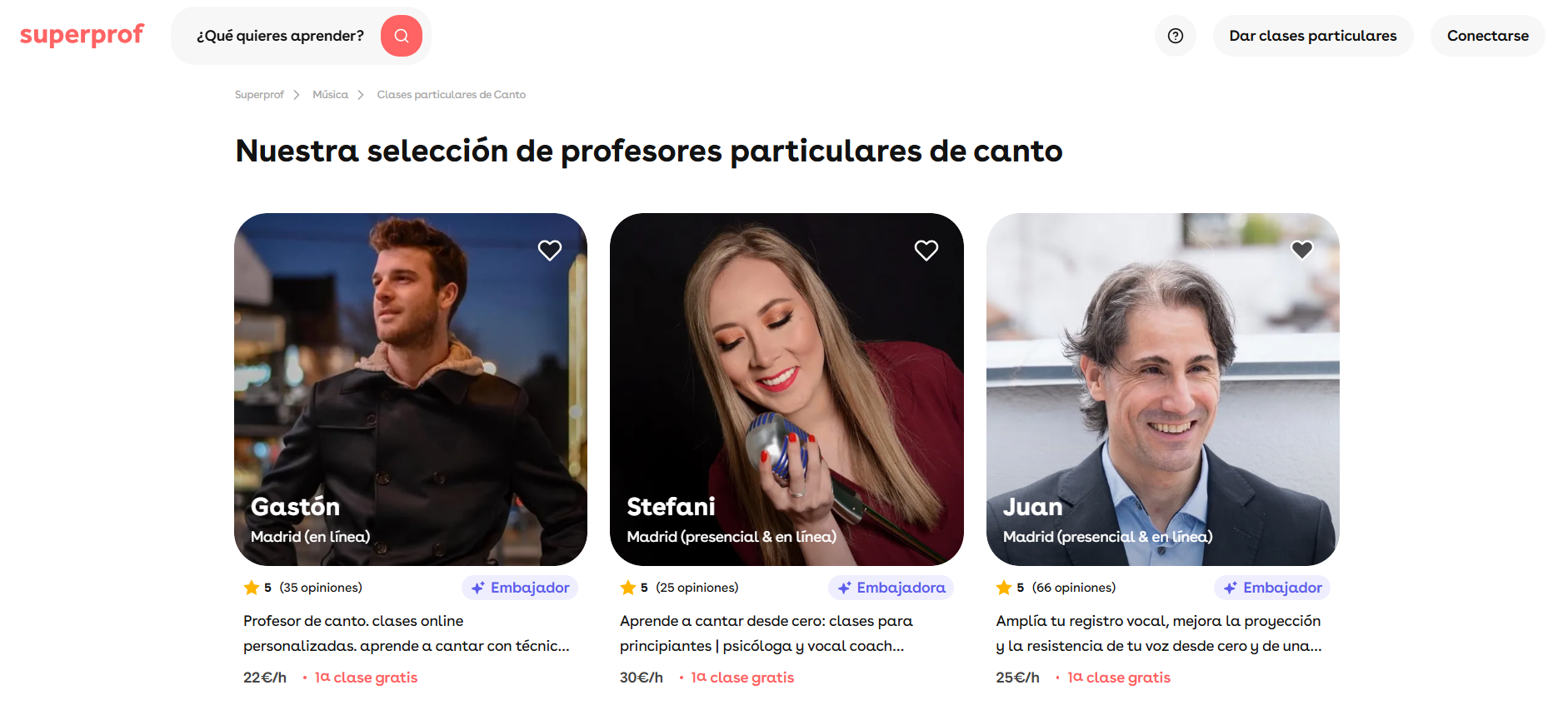 La imagen muestra una selección de profesores de canto en un sitio web, destacando sus nombres, ubicaciones, calificaciones y detalles de las clases.