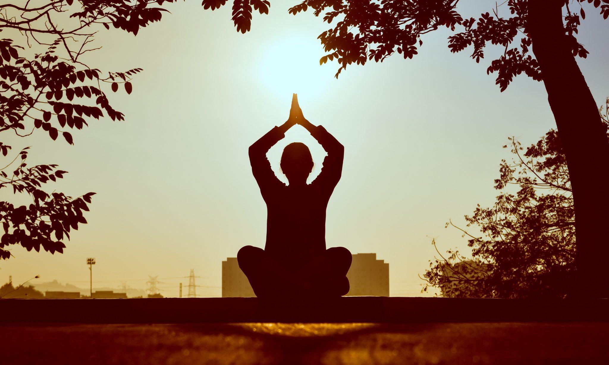 Silueta de una persona meditando en un paisaje hermoso.