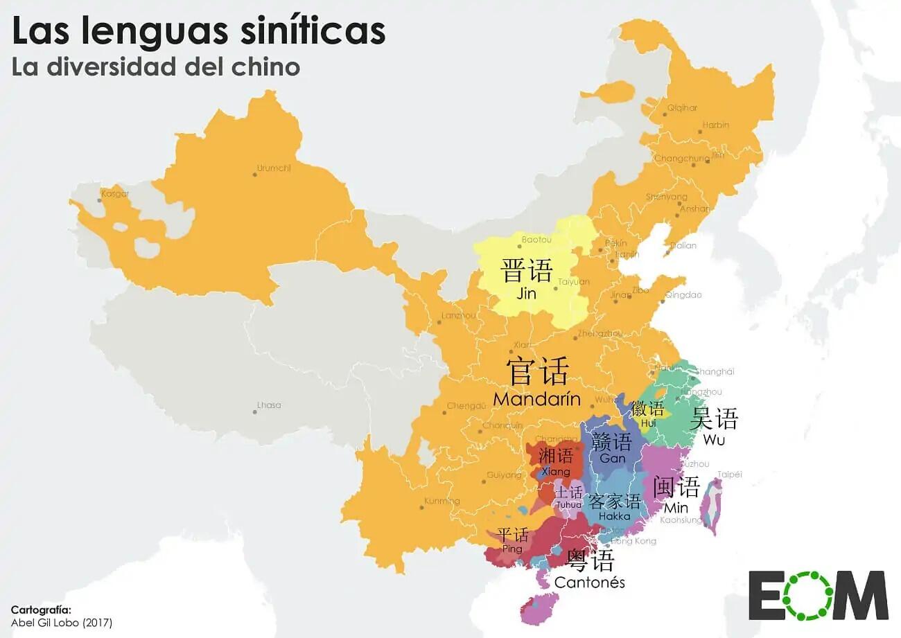 Mapa de China en el que se muestra la distribución de las lenguas siníticas. El mandarín aparece en naranja, el jin en amarillo y otras lenguas, como el wu y el cantonés, en distintos colores.