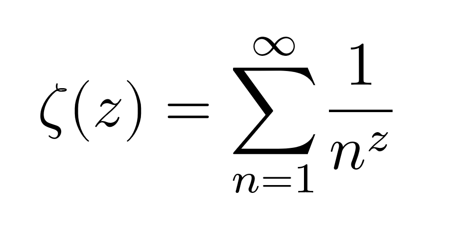 Ecuación matemática que muestra la función zeta de Riemann: zeta de z es igual a la suma desde n igual a 1 hasta infinito de 1 sobre n elevado a z.