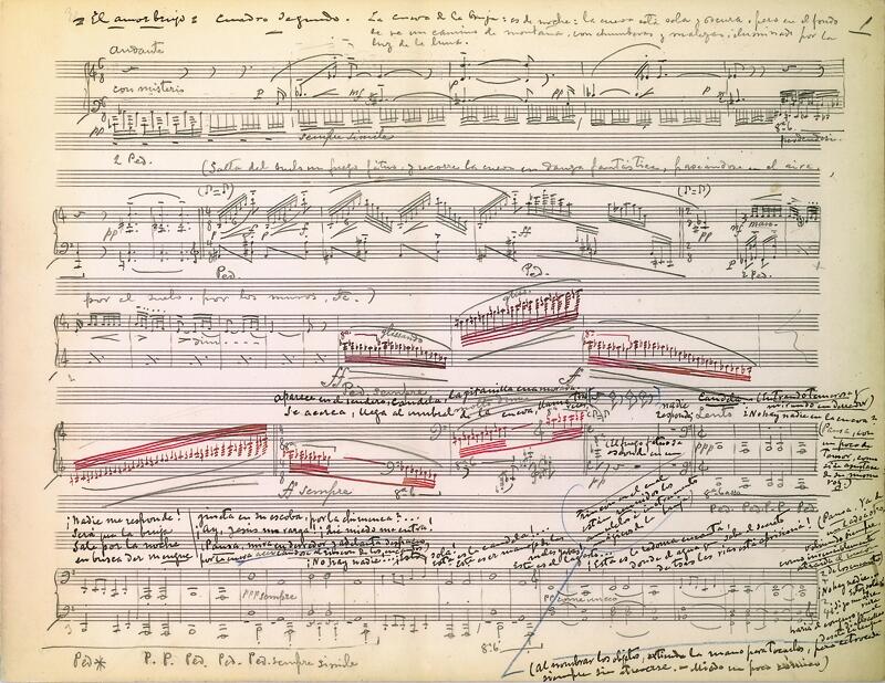 Partitura manuscrita con anotaciones y revisiones en tinta roja y negra, con notas, indicaciones dinámicas y marcas expresivas de manuel de falla