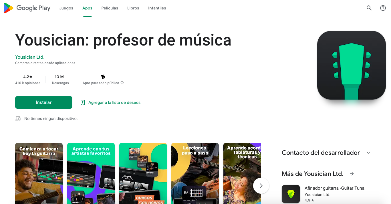 Captura de pantalla de la app Yousician en Google Play