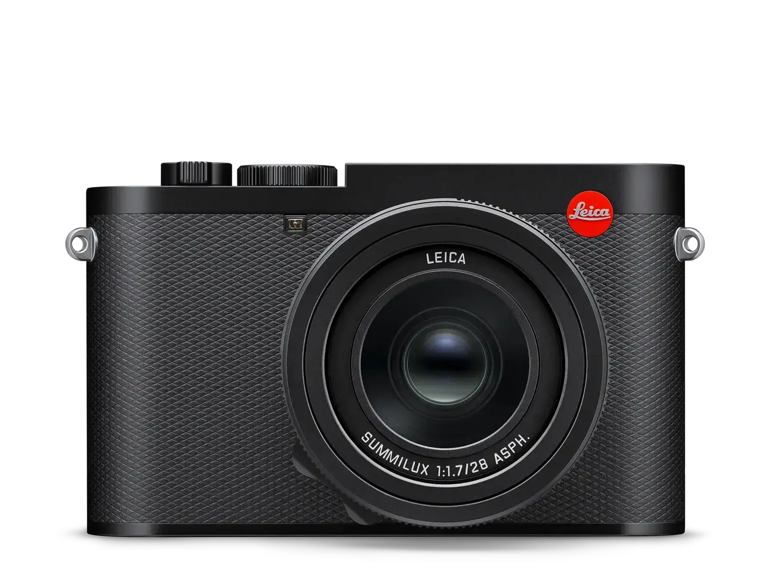 Vista frontal de una cámara digital Leica negra con objetivo Leica Summilux de 28 mm y empuñadura texturizada.