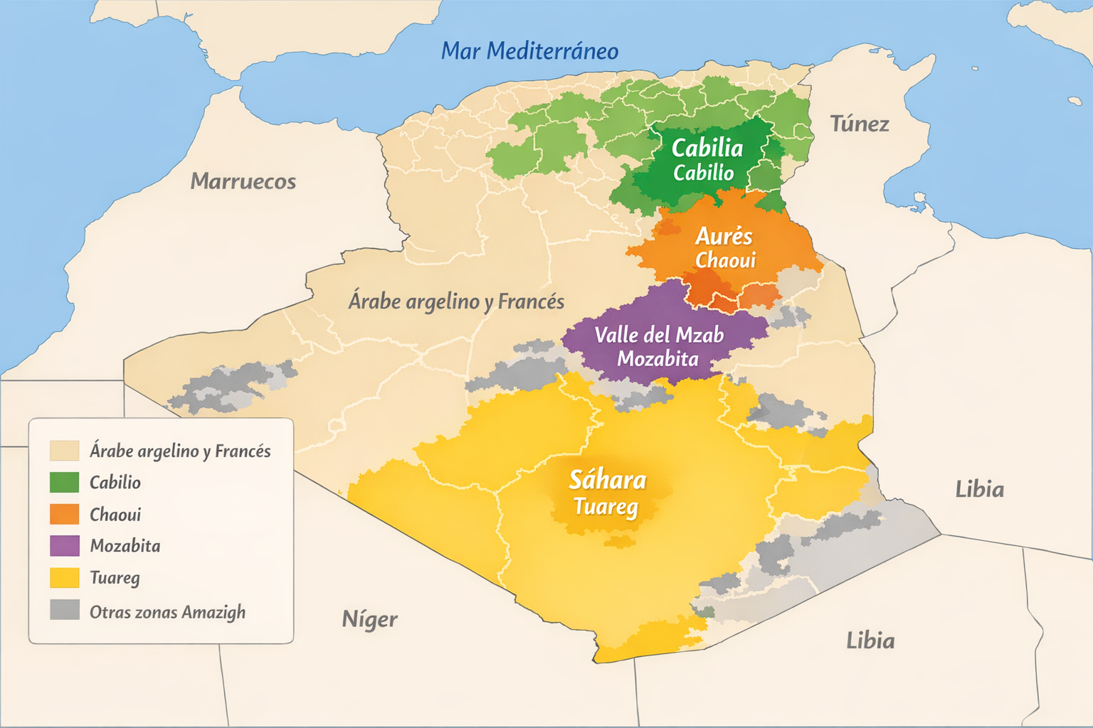 Mapa de Argelia que muestra las regiones lingüísticas. Los tonos indican las zonas donde se habla árabe argelino y francés, cabilio, chaouii, mozabita y tuareg.