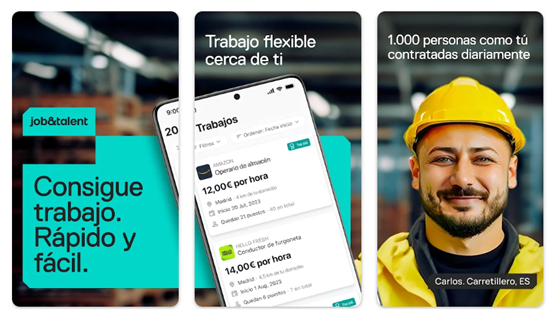 Captura de pantalla de la aplicación «Job&Talent» en la que se muestra una búsqueda de empleo sencilla, opciones de trabajo flexible en las cercanías y un obrero de la construcción sonriente con un casco amarillo que promociona las contrataciones diarias.