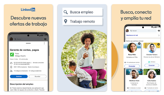 Interfaz de la aplicación de LinkedIn que muestra ofertas de empleo, búsqueda de trabajo a distancia y funciones para establecer contactos y ampliar tu red profesional.
