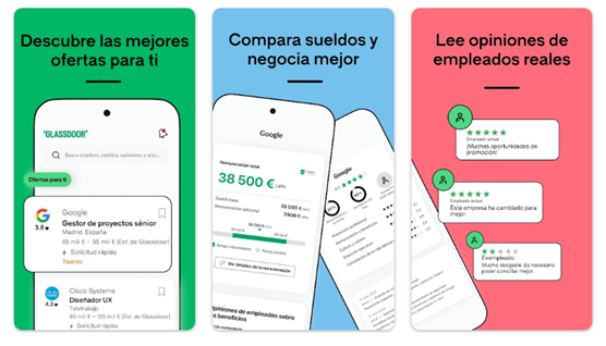 Capturas de pantalla de las funciones de la aplicación Glassdoor: ofertas de empleo, comparativas salariales y opiniones reales de empleados en español.