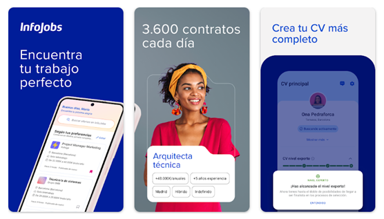 Captura de pantalla de la aplicación InfoJobs en la que se destacan las funciones de búsqueda de empleo, los 3.600 contratos diarios y la creación de currículums, junto con la imagen de una mujer sonriente.