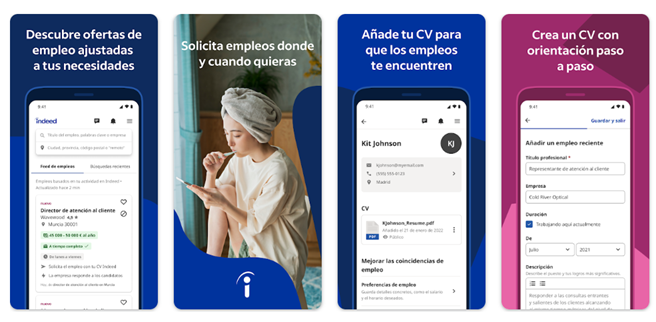 Capturas de pantalla de una aplicación de búsqueda de empleo que muestra ofertas de trabajo personalizadas, solicitudes flexibles, la posibilidad de subir el currículum y una guía paso a paso para crear el currículum en español.