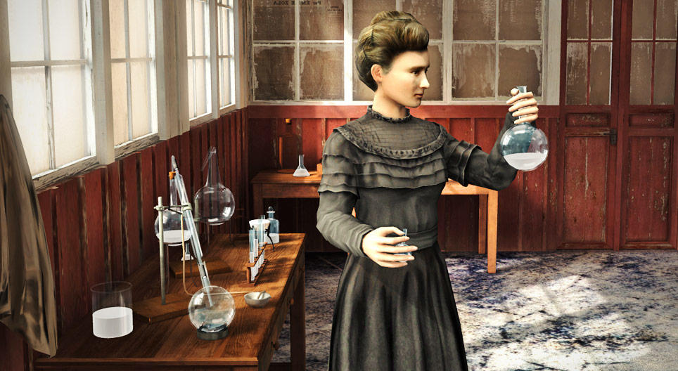 Marie Curie en un laboratorio.