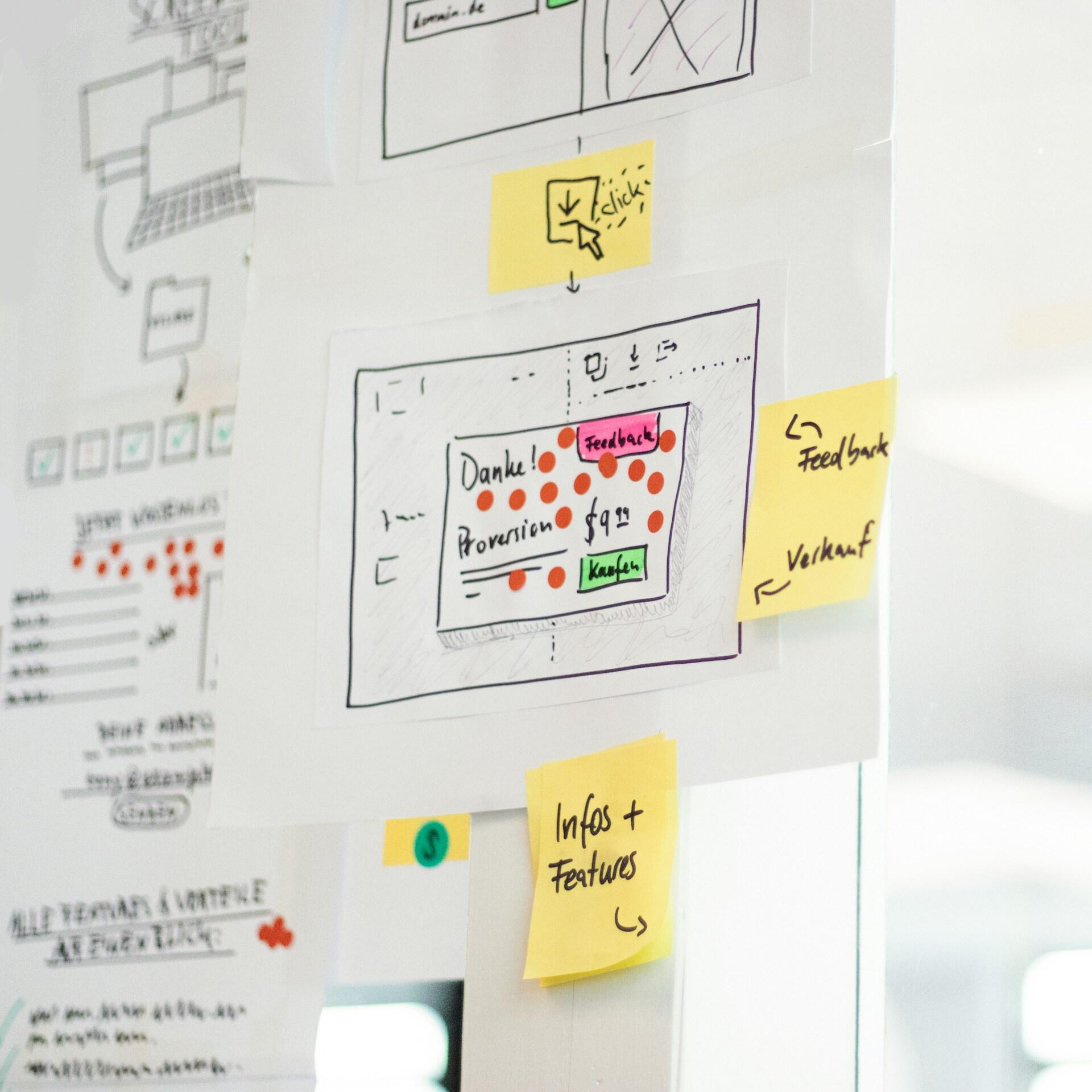 Esquema de UX en pizarra blanca con notas adhesivas de colores en las que se lee «Comentarios», «Funcionalidades» y «Gracias», lo que refleja una planificación colaborativa y creativa.