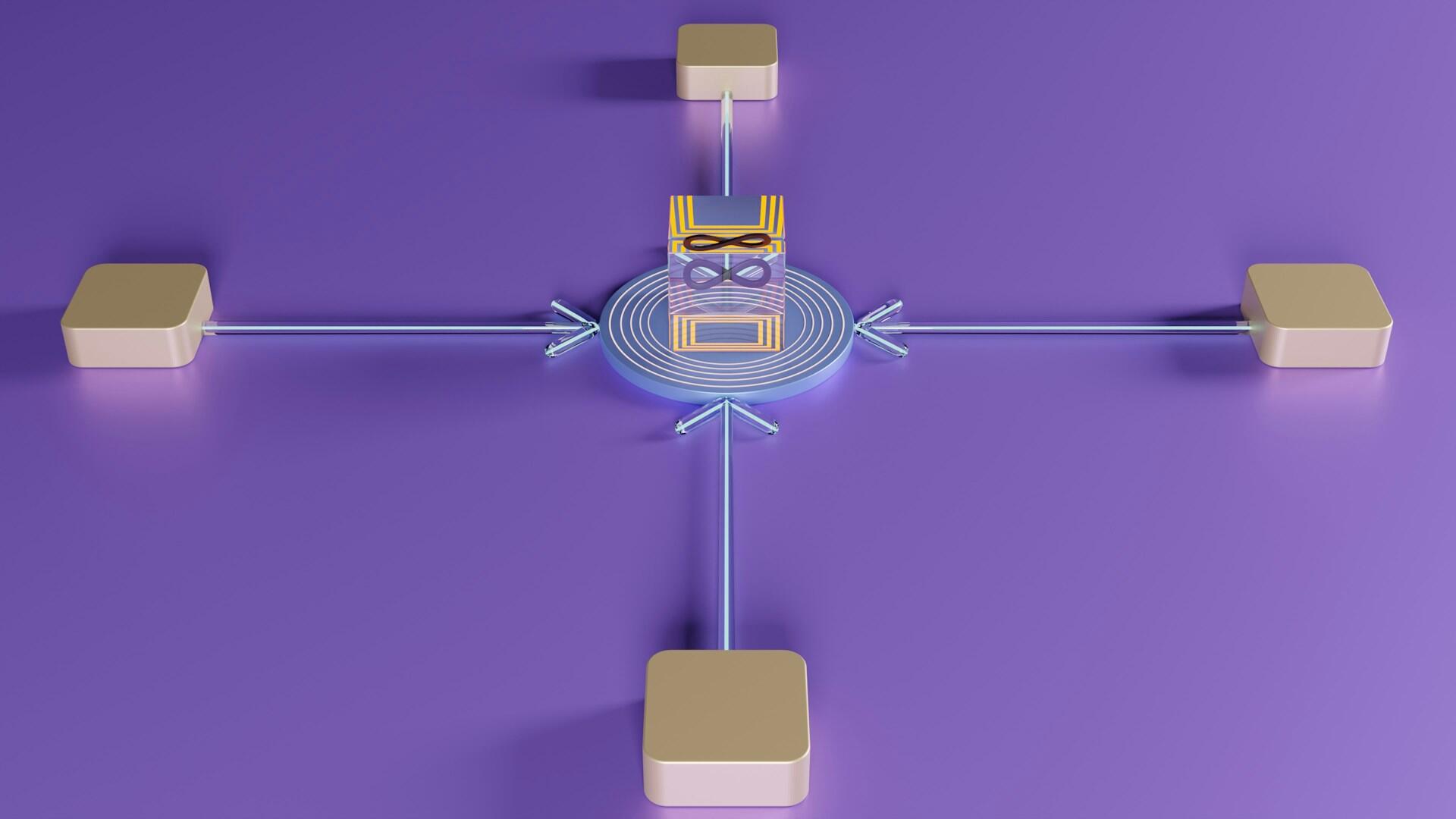 Imagen gráfica futurista en 3D sobre un fondo morado: un centro circular luminoso conecta cuatro nodos rectangulares de color beige con flechas que apuntan hacia dentro.