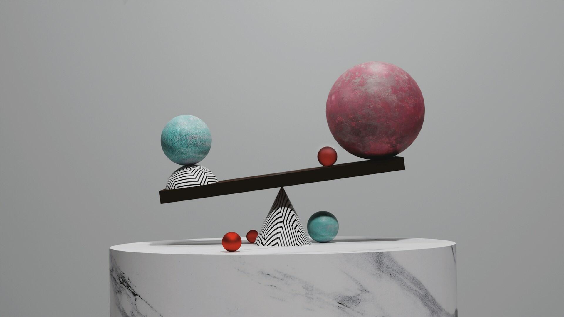 Una balanza surrealista con una enorme esfera roja que supera en peso a una diminuta esfera verde azulada, soportes a rayas y bolas de colores sobre un pedestal de mármol.
