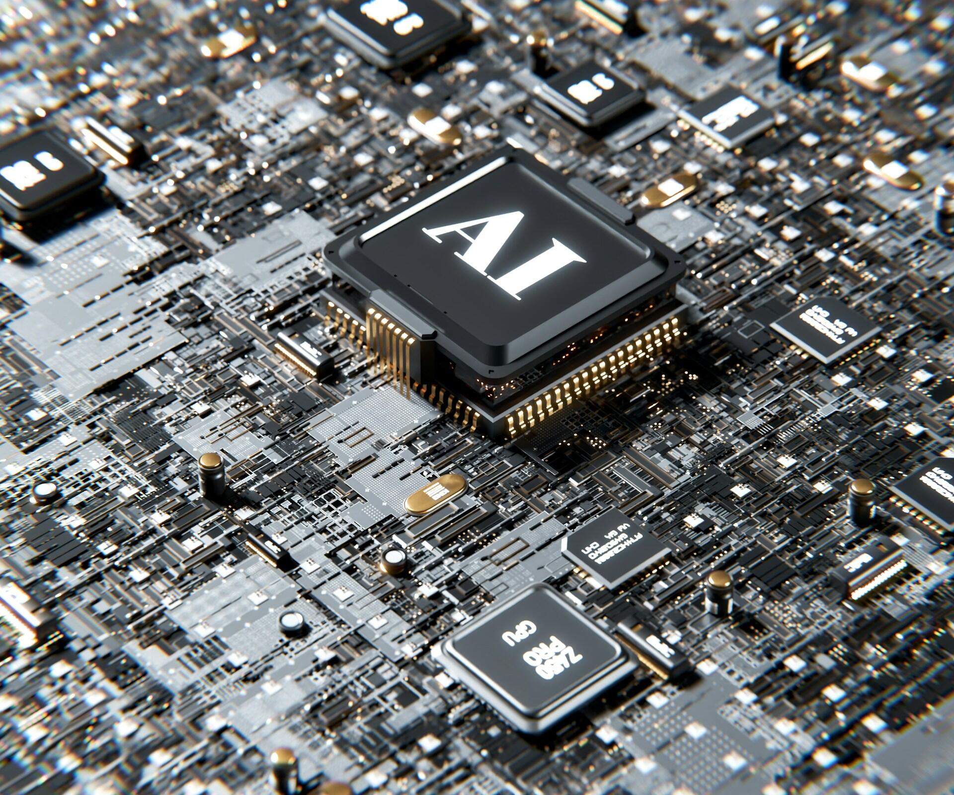 Primer plano de un chip procesador de IA negro en una placa de circuito impreso de alta densidad, rodeado de microchips, pistas metálicas y componentes electrónicos.