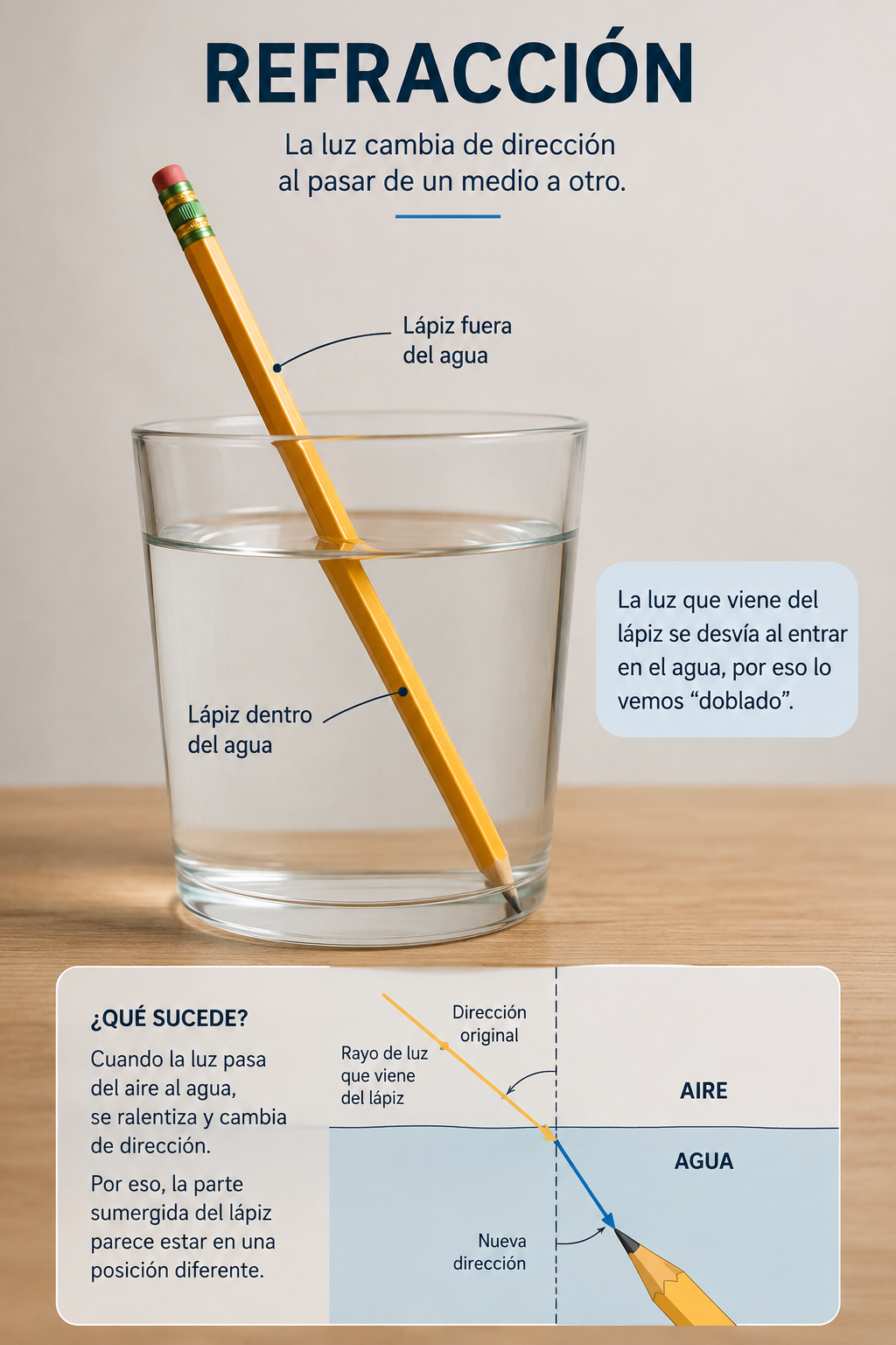 Ilustración educativa sobre la refracción: un lápiz dentro de un vaso de agua parece doblarse; incluye etiquetas y diagrama de luz aire-agua.