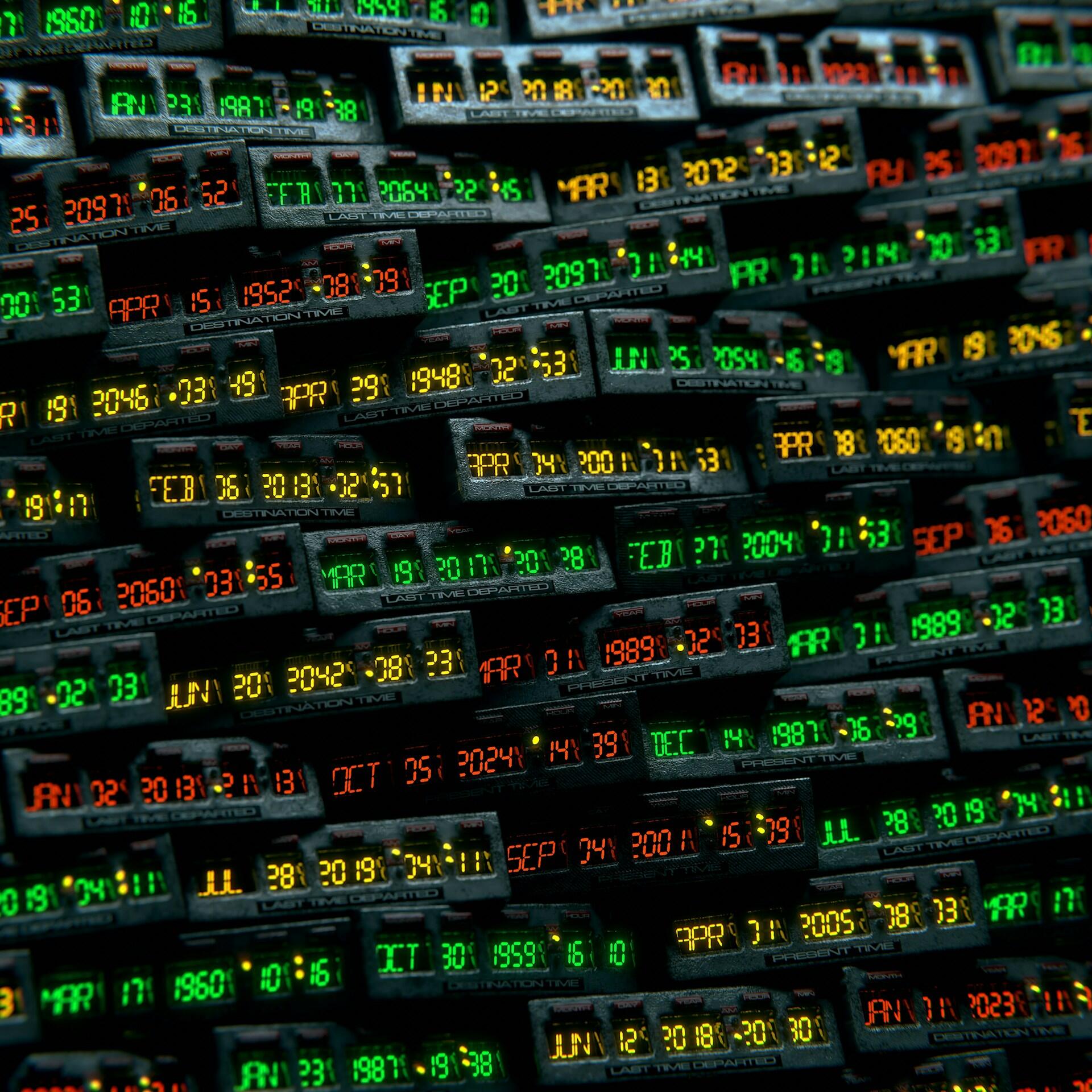 Densas filas de paneles electrónicos oscuros muestran números luminosos de color verde, rojo y amarillo, creando una atmósfera ajetreada y futurista propia de la supervisión de datos.