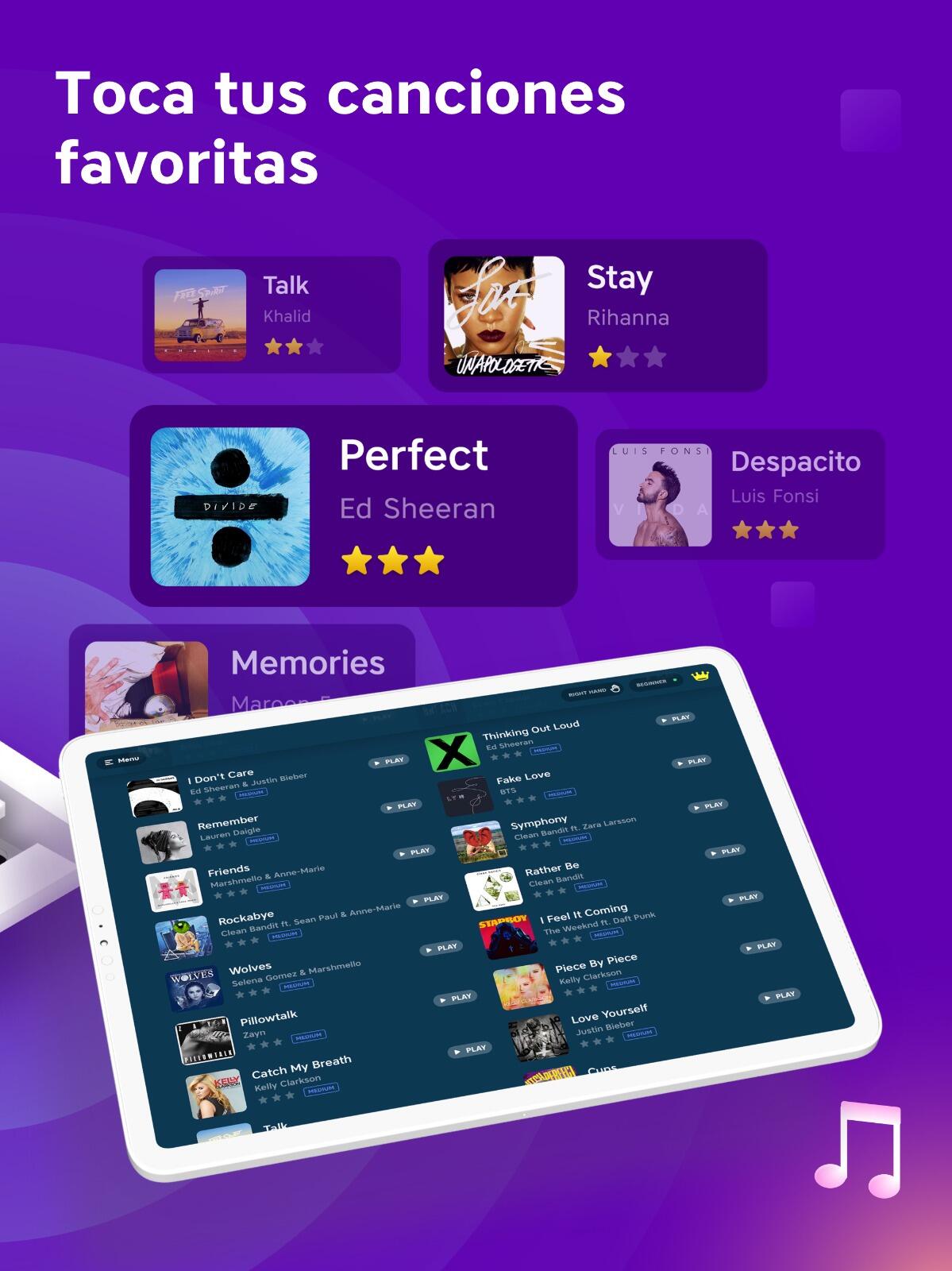Tableta en la que se muestra la interfaz de una aplicación de música con listas de reproducción y recomendaciones de canciones, entre las que se incluye «Perfect», de Ed Sheeran. El texto del fondo reza: «Toca tus canciones favoritas». El tono es alegre y atractivo.