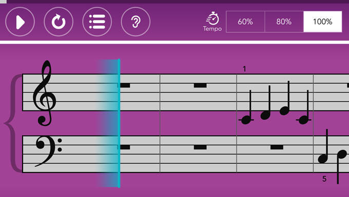 Ilustración de una partitura sobre un fondo morado con claves de sol y de fa. Las notas musicales aparecen en el pentagrama; las opciones y controles de tempo se encuentran en la parte superior.