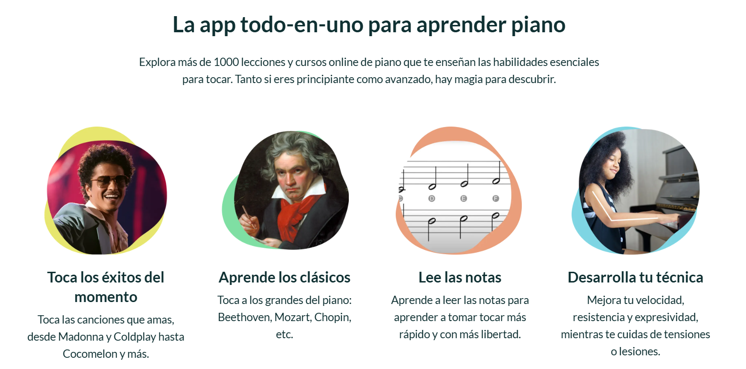 Un anuncio de una aplicación para aprender a tocar el piano con cuatro secciones: «Toca los éxitos del momento» muestra a un cantante sonriente; «Aprende los clásicos» muestra a un compositor histórico; «Lee las notas» muestra partituras; «Desarrolla tu técnica» muestra a una mujer tocando un teclado.