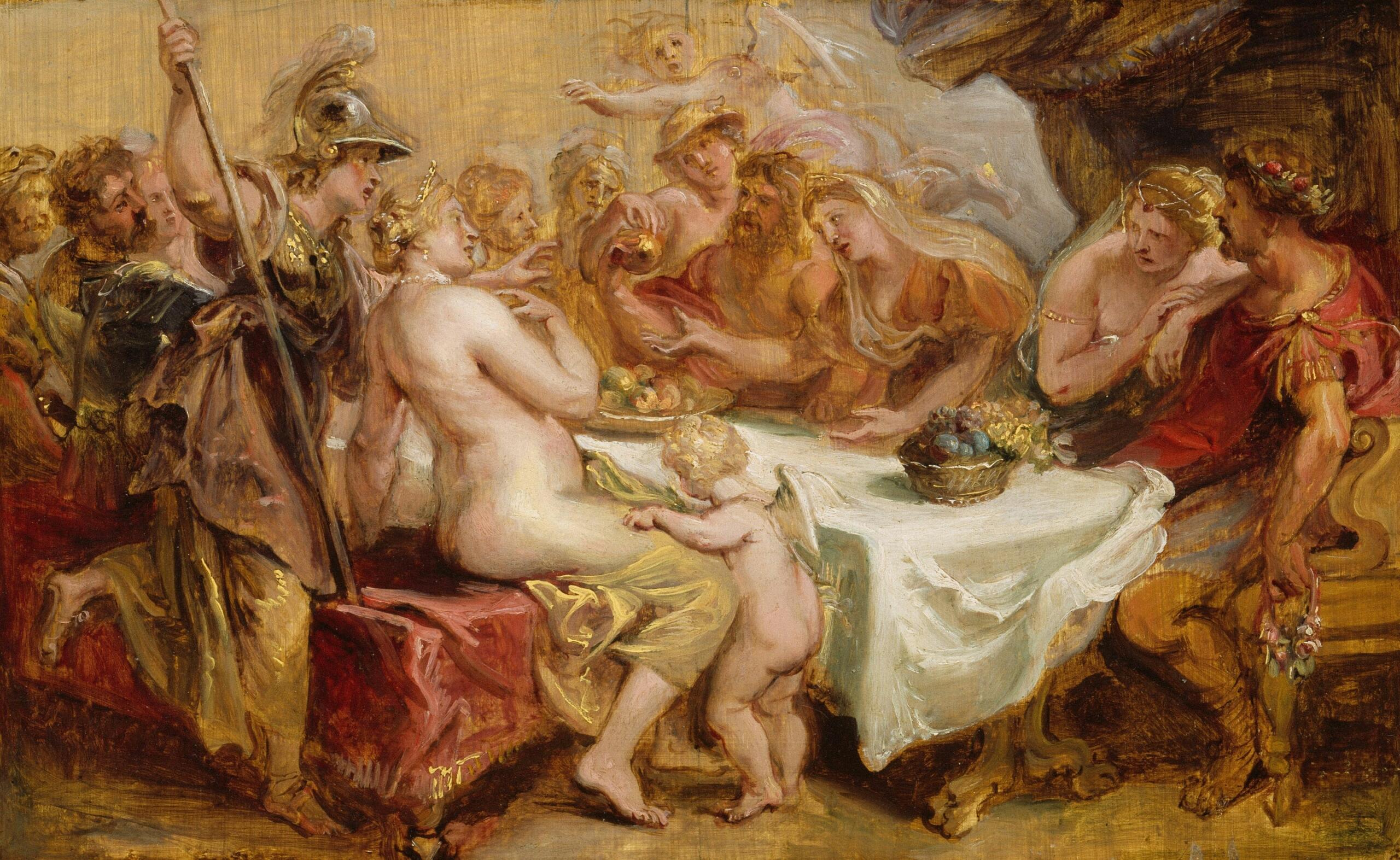 pintura de rubens de una suntuosa reunión en la que figuras vestidas a la manera clásica disfrutan de un festín, con un niño alcanzando un plato de la mesa.