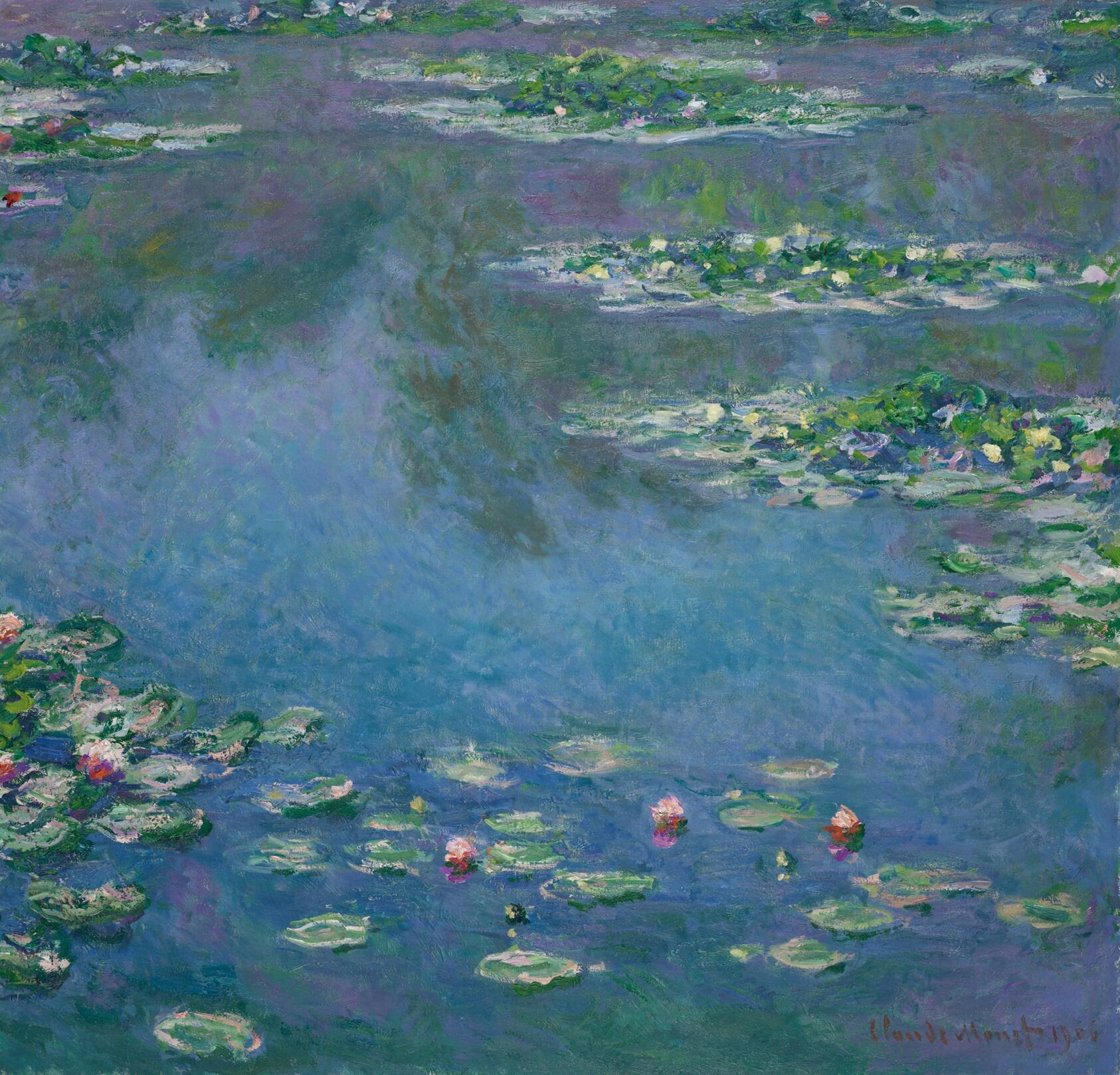 Una serena acuarela de nenúfares de monet flotando en un tranquilo estanque, con suaves tonos morados y azules, que capta la delicada belleza de la naturaleza.