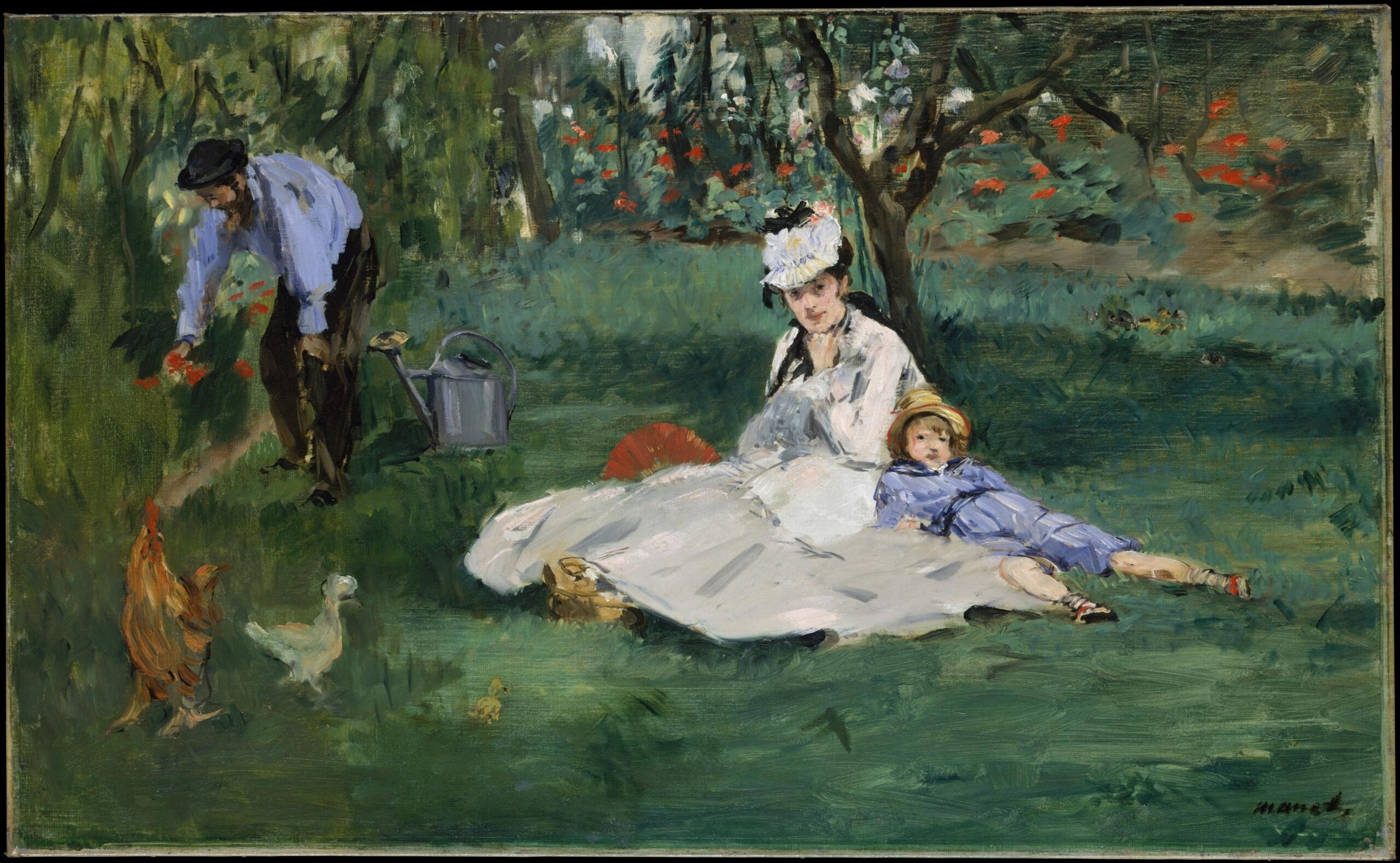 El cuadro la familia de manet, una serena escena de jardín en la que aparece una mujer con un abanico sentada en la hierba, un niño descansando a su lado y un jardinero atendiendo cerca.