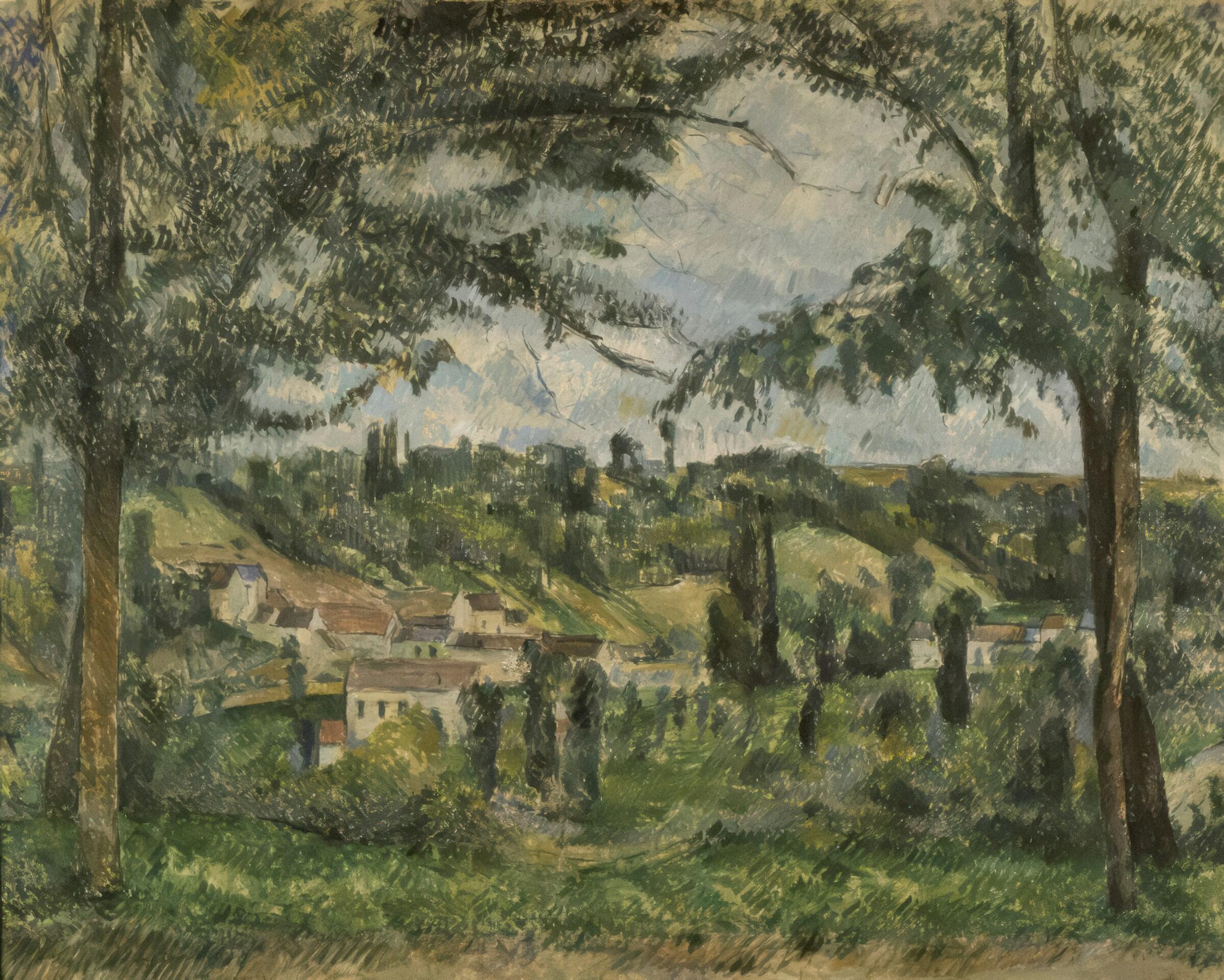 Paisaje sereno de paul cezanne que representa colinas onduladas, casas dispersas y árboles altos bajo un cielo nublado. Pinceladas suaves e impresionistas.
