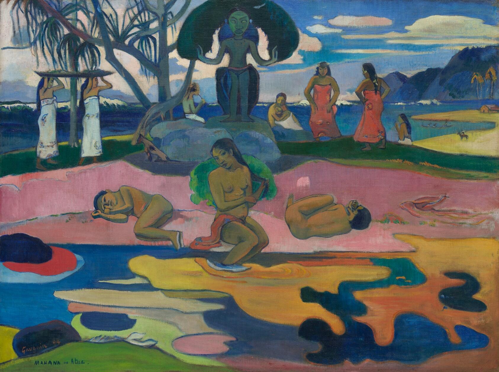 Una vibrante pintura de paul Gauguin que representa a mujeres con atuendos tradicionales en medio de un paisaje tropical, con agua de colores y formaciones rocosas.