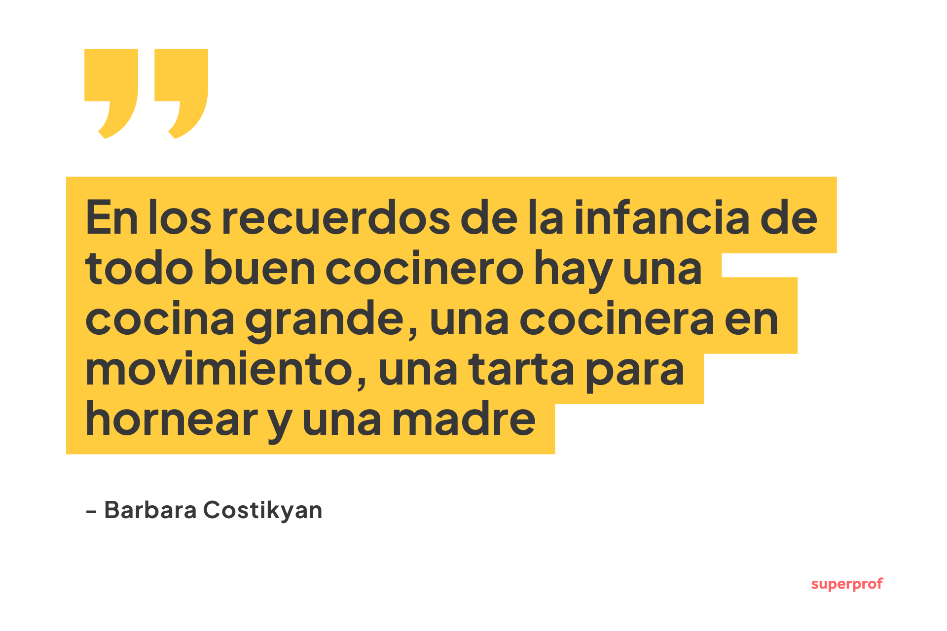 Cita de Barbara Costikyan reflexionando sobre sus recuerdos infantiles relacionados con la cocina, con un fondo amarillo vibrante.