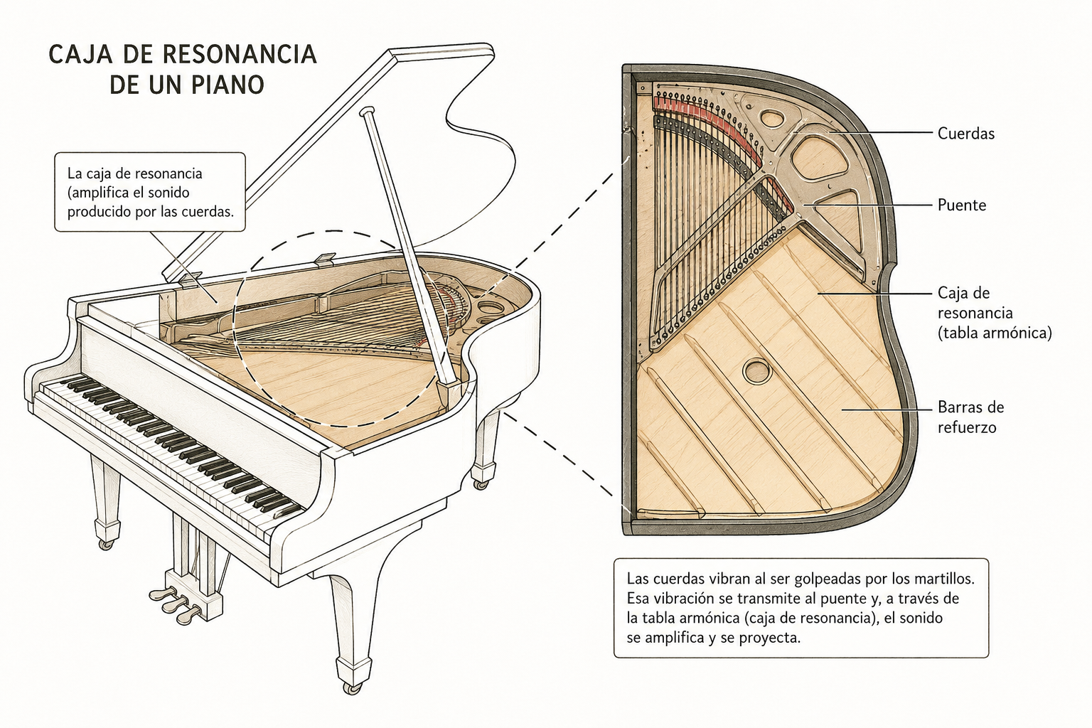 Esquema de un piano de cola con una vista detallada de la caja de resonancia. Las etiquetas señalan las cuerdas, el puente, la caja de resonancia y las barras de refuerzo, y explican el proceso de amplificación del sonido.