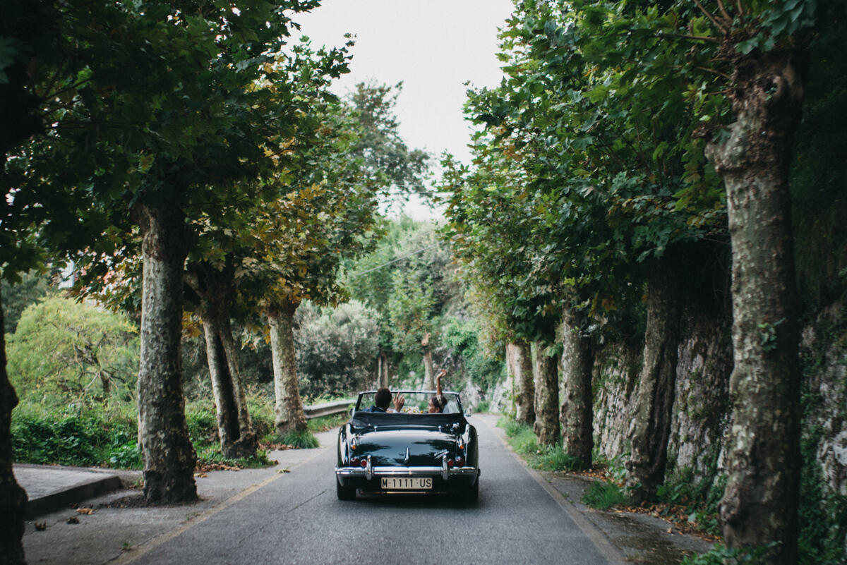 Un clásico descapotable circula por una carretera bordeada de árboles bajo un dosel de frondoso follaje verde. La escena transmite libertad y tranquilidad.
