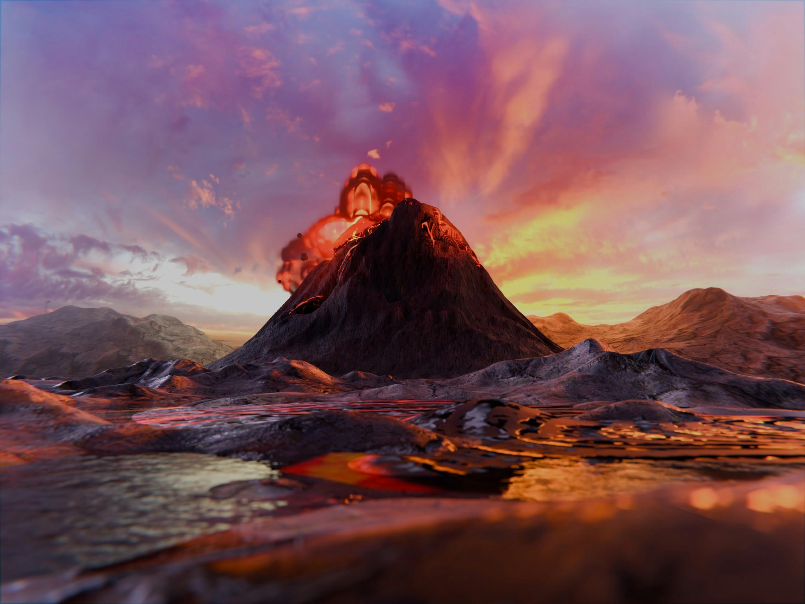 Erupción volcánica al atardecer con un cielo ardiente y agua reflectante en primer plano.
