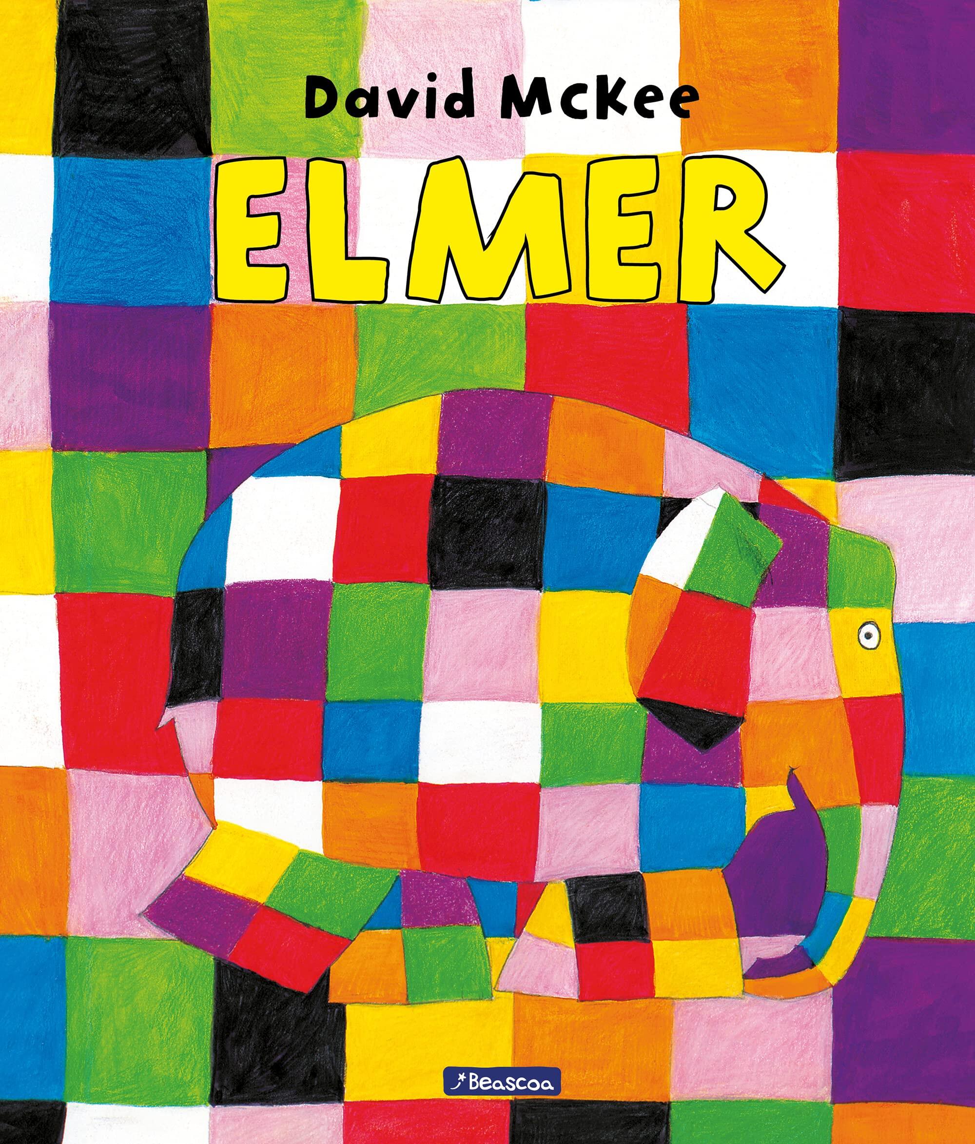 Elefante de colores con diseño patchwork en la portada del libro titulado «Elmer», de David McKee. El fondo y el elefante están compuestos por cuadrados multicolores de colores vivos.