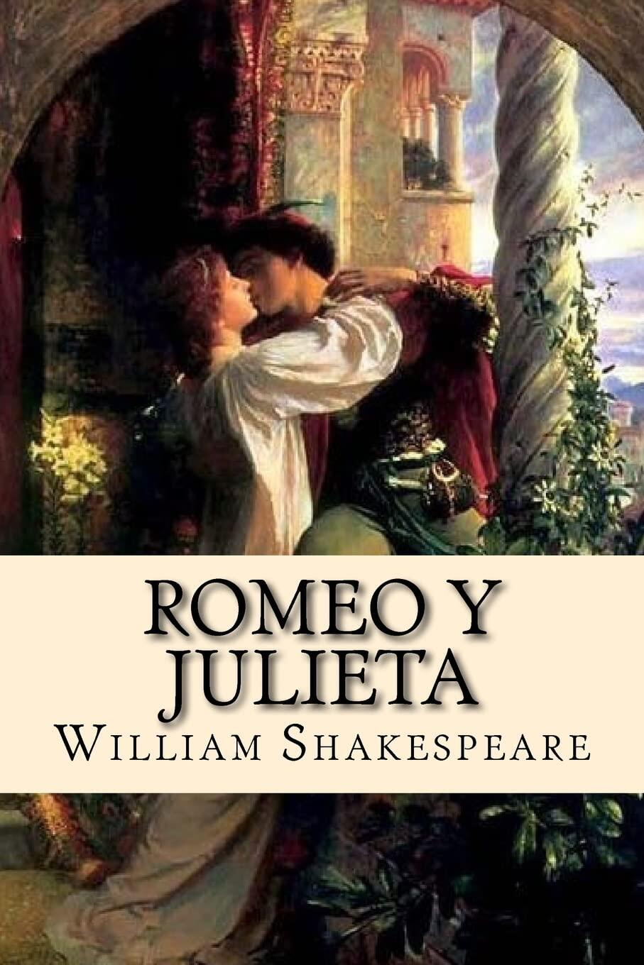 Portada de «Romeo y Julieta», de William Shakespeare. Escena romántica de una pareja abrazándose en un balcón, rodeada de exuberante vegetación y un cielo dramático.