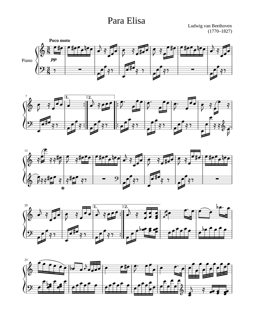 Partitura de Para Elisa