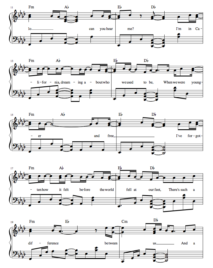 segunda parte partitura para piano de Hello de Adele