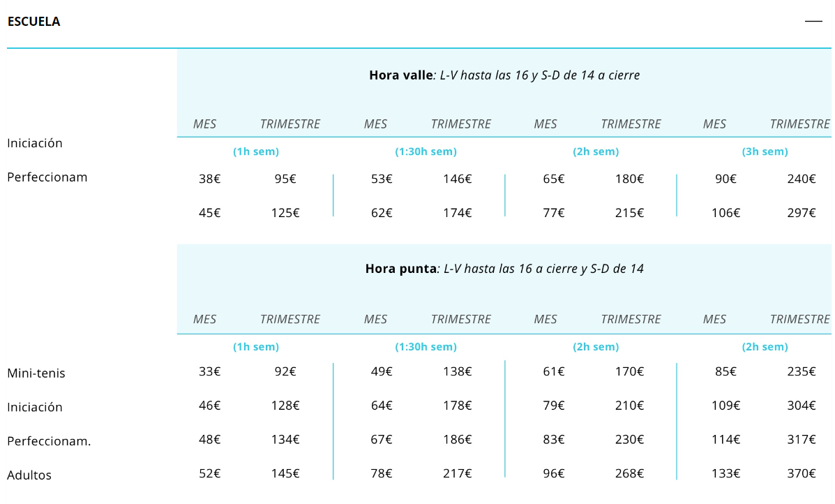 Precios Club de tenis Mutua Open.