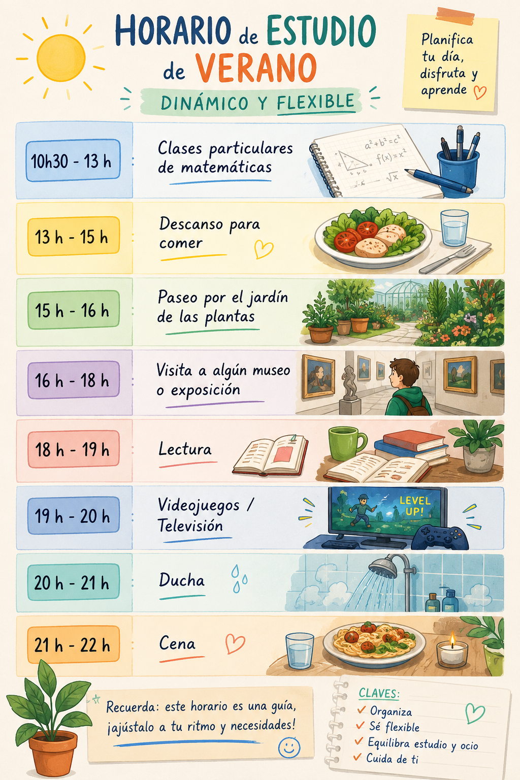 Ilustración del horario de estudio de verano con actividades, entre las que se incluyen matemáticas, comidas, visitas al jardín, museos, lectura, juegos, ducha y cena. Tono alegre y animado.